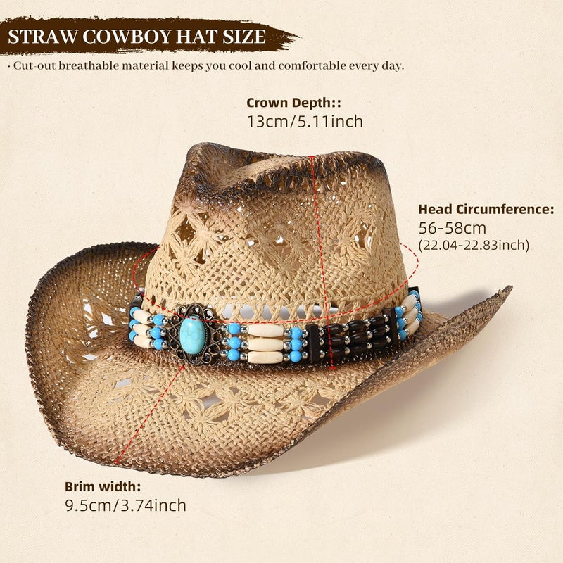Willheoy Straw Cowboy Hat for Men Womens Straw Cowgirl Hat Summer Western Cowboy Hats with Wide Brim for Cowgirls and Cowboys - Image 3